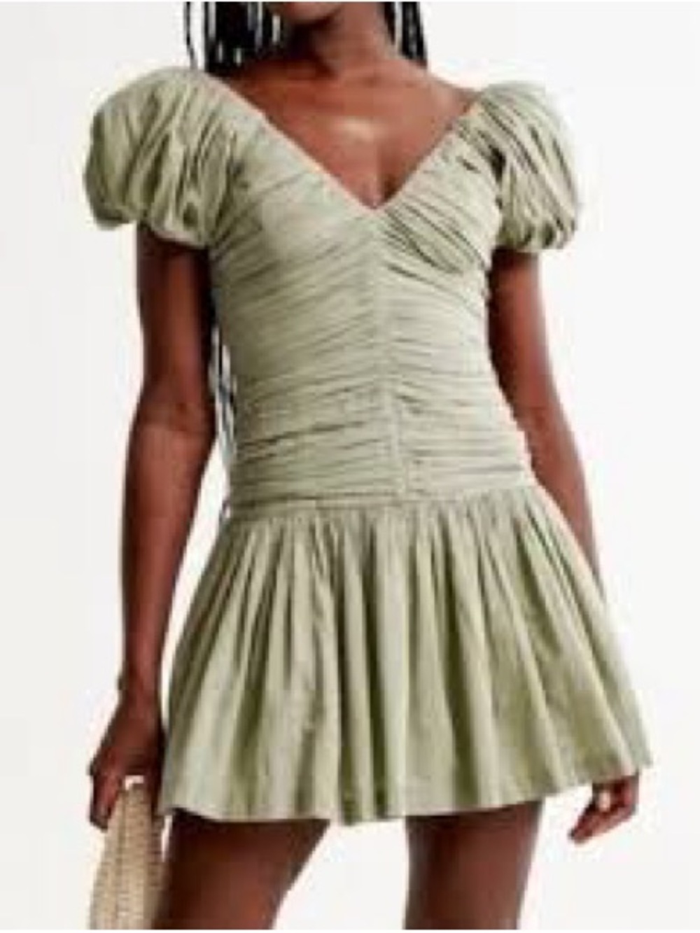 Abercrombie & Fitch Sage Green Ruched Puff Sleeve Drop-Waist Mini Dress XL